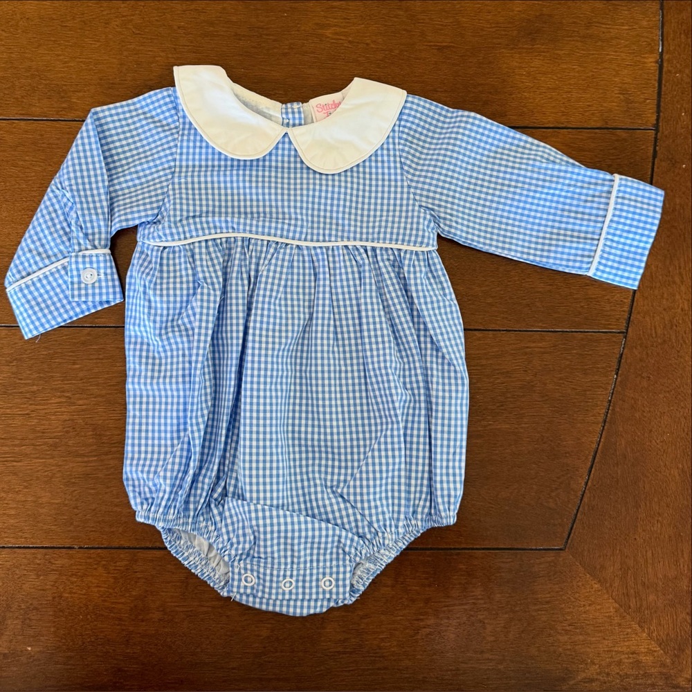Charming Blue Gingham Baby Romper with White Collar
